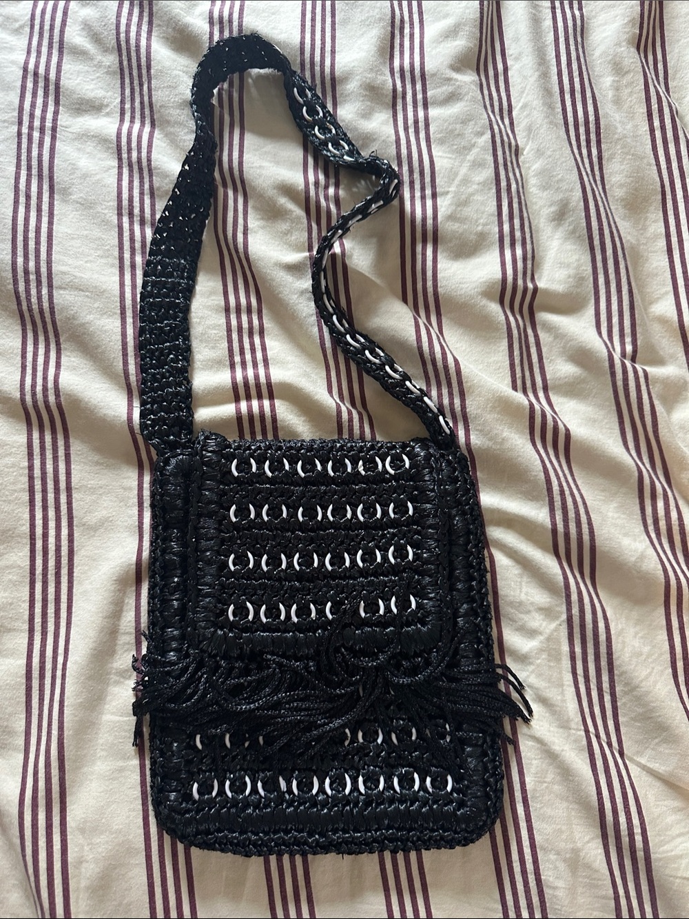 Black Woven Shoulder Bag with Silver Ring Detail & Fringe